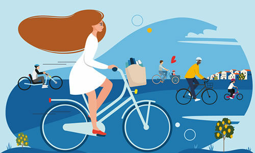 affiche graphique de mai à vélo 2023 : un mois pour adopter le vélo...pour la vie. On y voit plusieurs cyclistes avec un paysage de campagne coloré en rose en arrière-plan