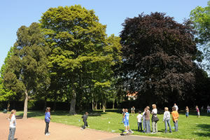 Un groupe de jeunes s'amusent dans le parc valmy avec des beaux arbres en fond d'image